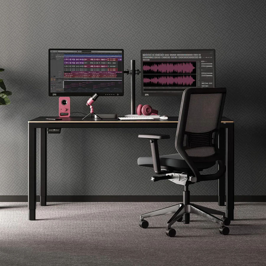 Yaasa Desk Four Tisch Gestell schwarz, Tischplatte Multiplex-Dunkelgrau