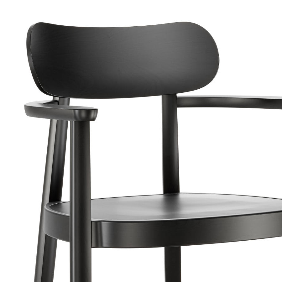 THONET 118 MFV Holzstuhl mit Armlehnen | Muldensitz | Buche gebeizt schwarz | Nahaufnahme
