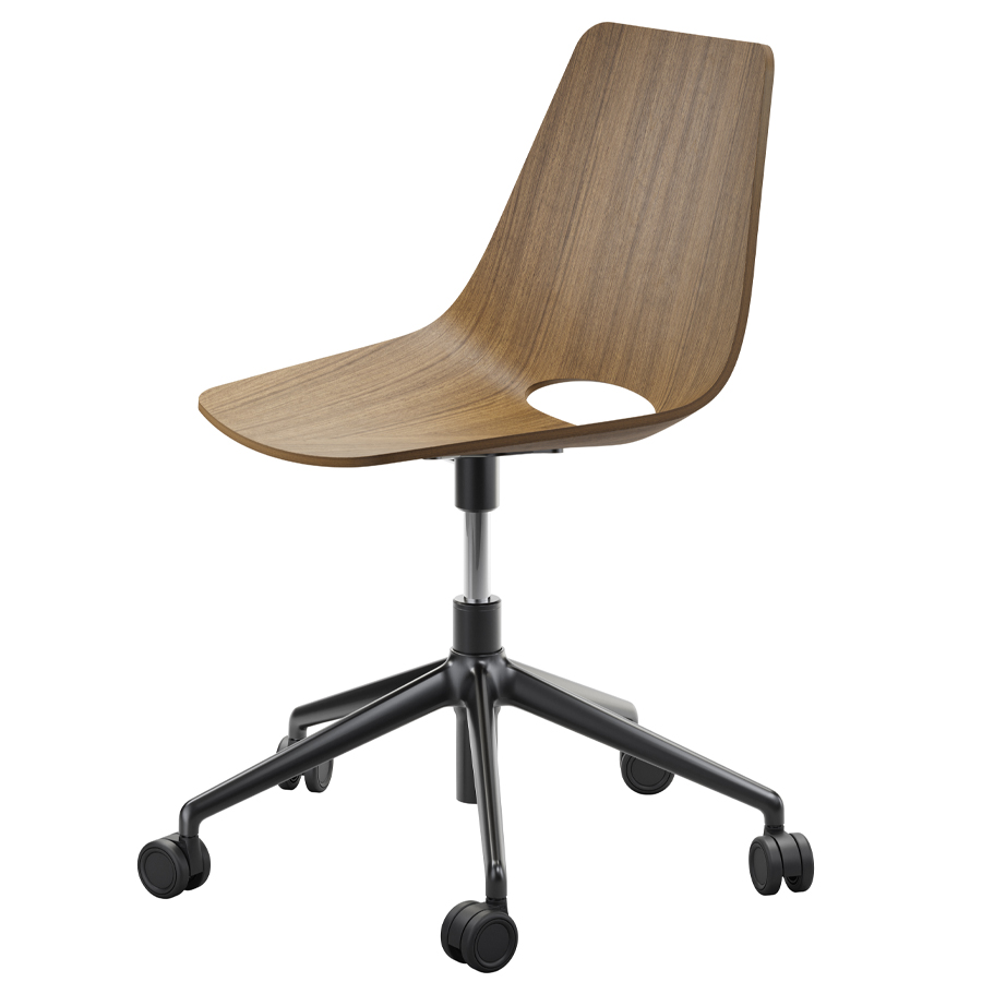 THONET S 661 DR Formholz-Stuhl - Fußkreuz mit Rollen - Edelholz Nussbaum - Gestell schwarz - Seitenansicht