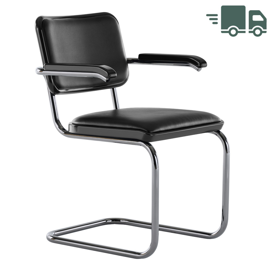 JS. THONET S 64 P SERIOUS 01 | Buche schwarz Hochglanzlack | Stahlrohr-Freischwinger mit Armlehnen