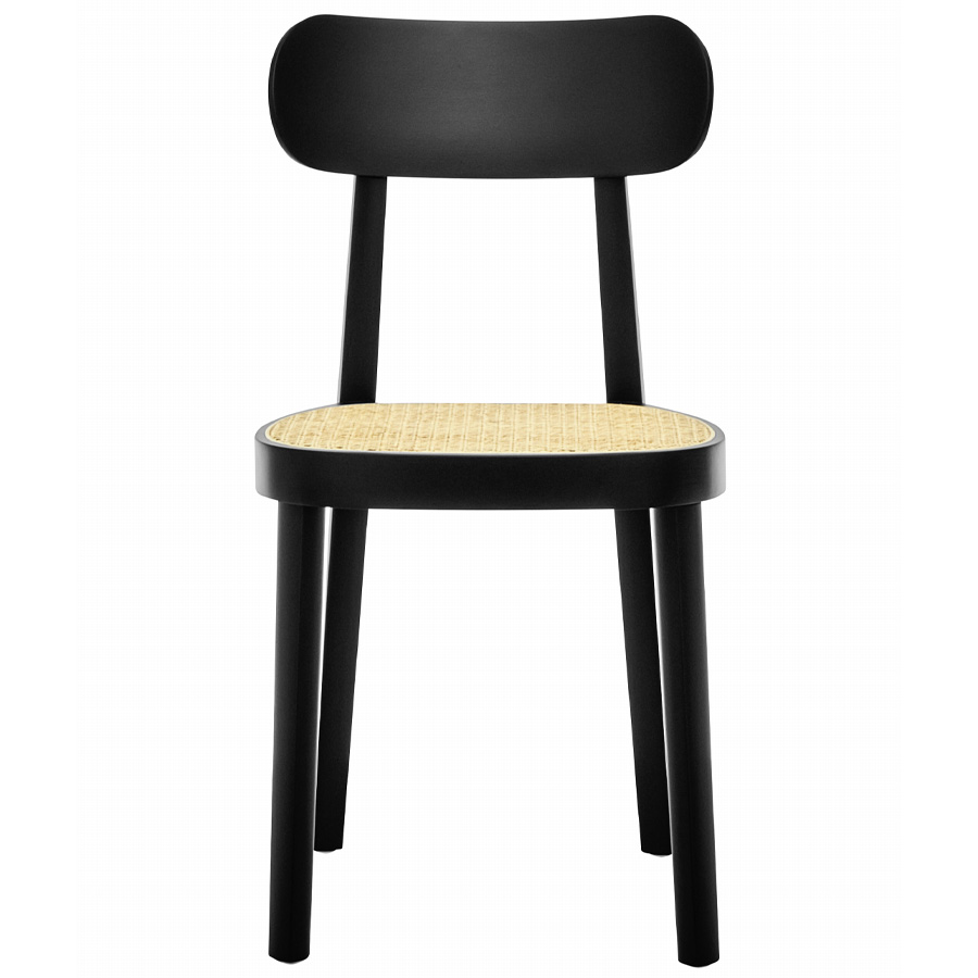 THONET 118 Holzstuhl Buche gebeizt schwarz mit Rohrgeflecht-Sitz - Frontansicht