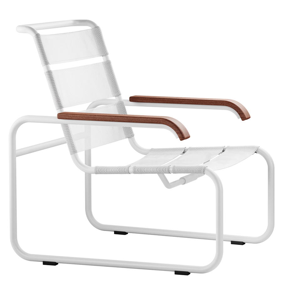 THONET Stahlrohr-Freischwinger S 35 N Outdoor mit Armlehnen und Netzbespannung - Gestell weiß