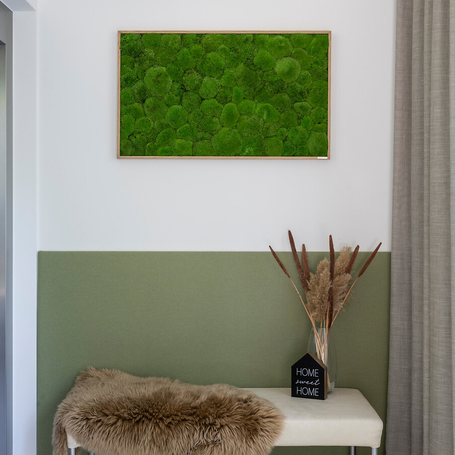 Moosbild im Kugelmoosdesign | 100x60cm | Vollholz Rahmen weiß