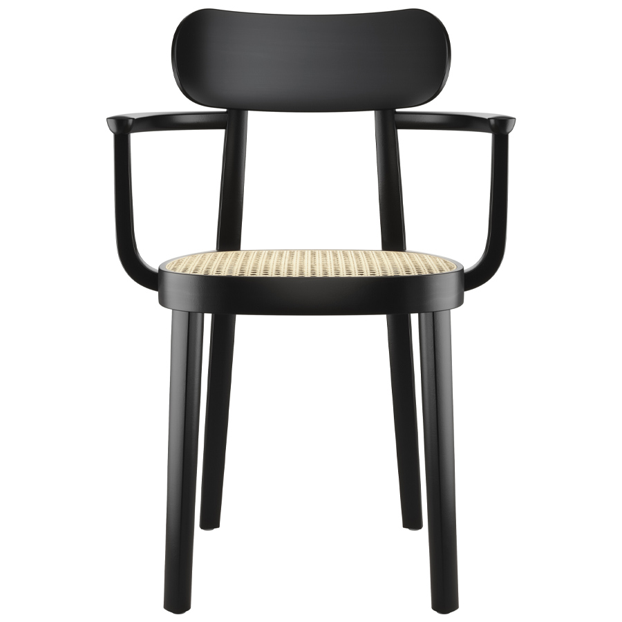 THONET 118 F Holzstuhl mit Armlehnen u. Rohrgeflecht-Sitz Buche gebeizt schwarz - Frontansicht