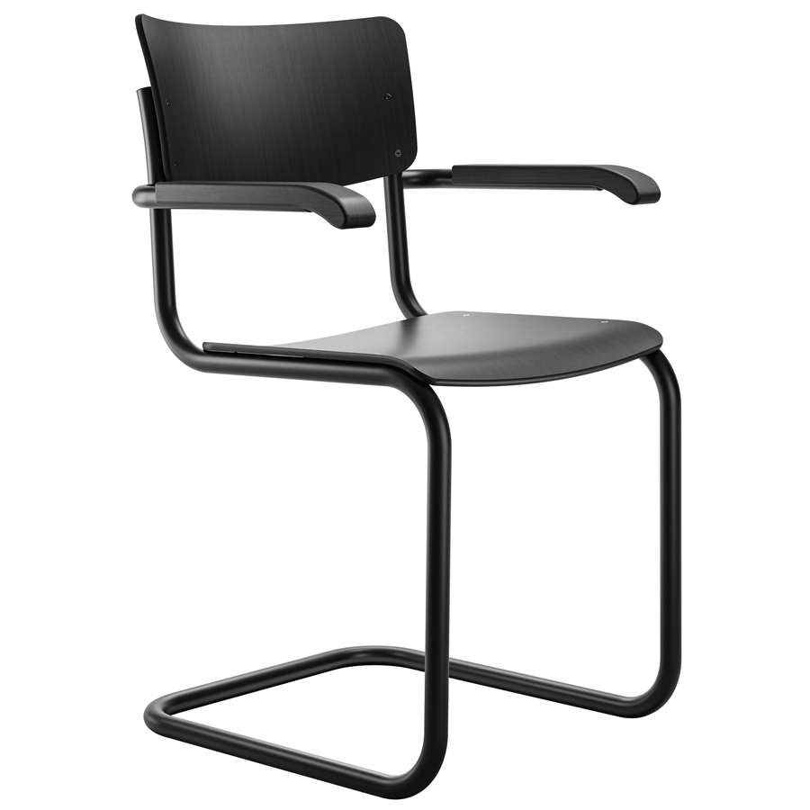THONET Stahlrohr-Freischwinger S 43 F mit Armlehnen - Gestell schwarz matt