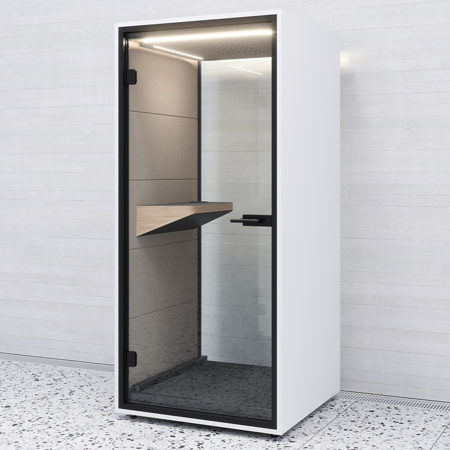 RWH Telefonbox weiß, Rahmen schwarz, Innenverkleidung Sand - mit Glasrückwand