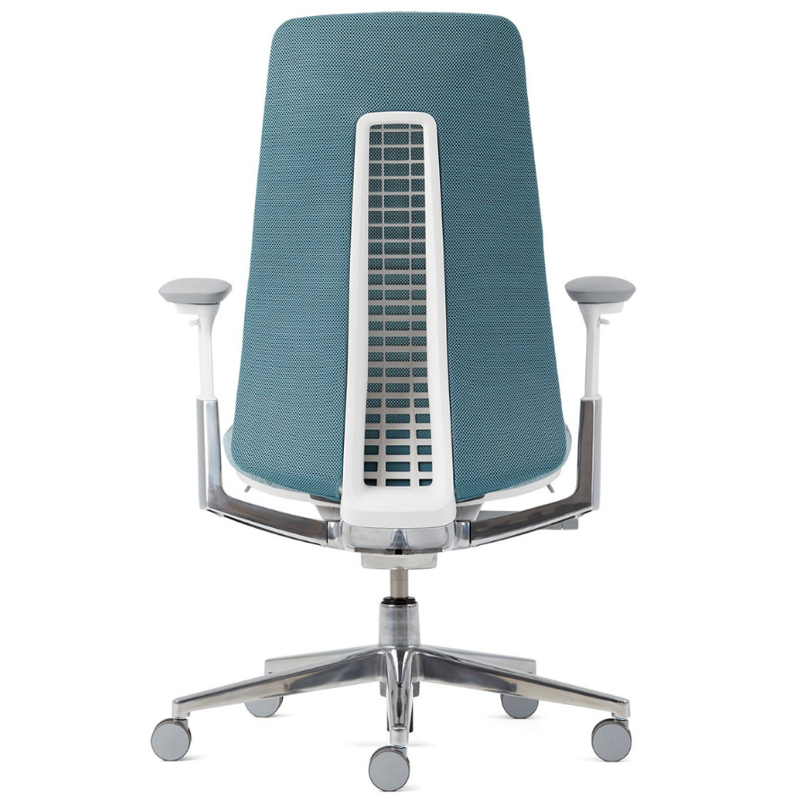 HAWORTH Fern Bürodrehstuhl blau mit Netzrücken Alu poliertes Fußkreuz - Rückansicht