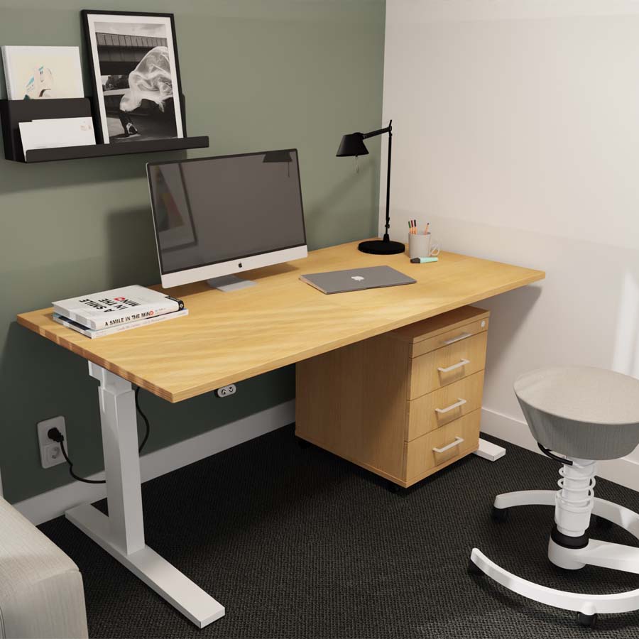 RWH ACTION elektrisch verstellbarer Schreibtisch Eiche - Gestell weiß - mit Container