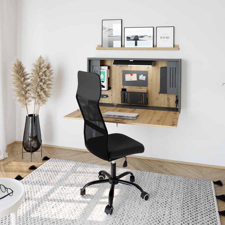 Wandschreibtisch Graphit/Asteiche - geöffnet - Beispielbild 2