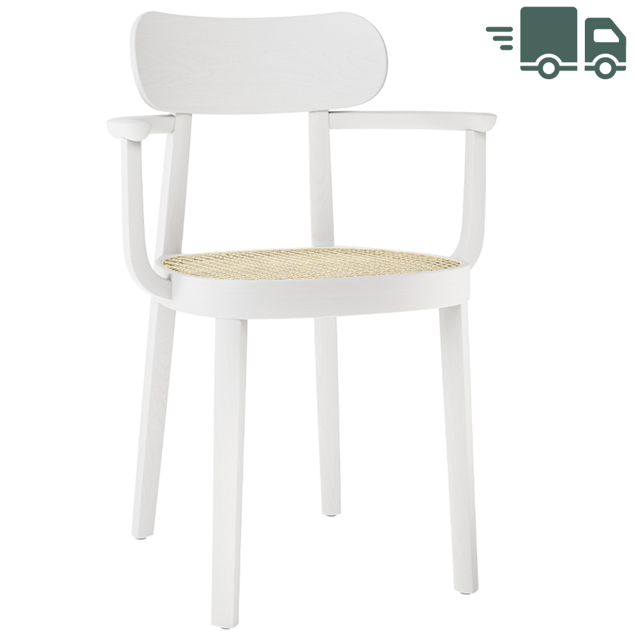 THONET 118 F Holzstuhl mit Armlehnen u. Rohrgeflecht-Sitz - Buche gebeizt weiß lasiert