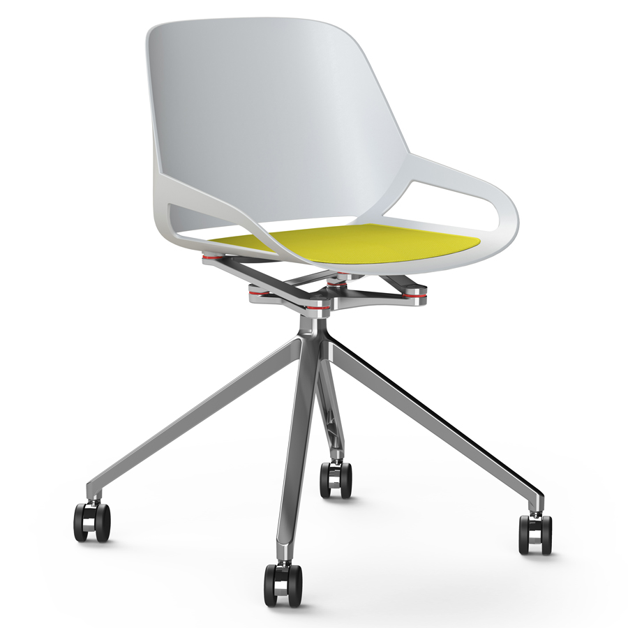 Aeris Numo Fußkreuz Rollen - Sitzschale weiß - Kinematik u. Gestell Alu poliert - Sitzkissen gelb