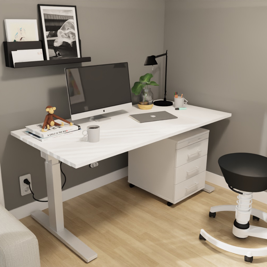 RWH Action Schreibtisch elektrisch verstellbar - weiß-silber - mit Rollcontainer ROCK