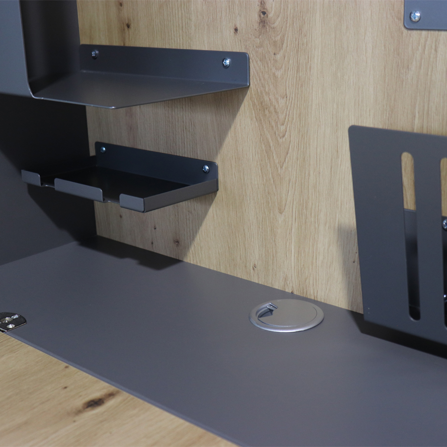 Wandschreibtisch Asteiche-grau - geöffnet - Ablageflächen