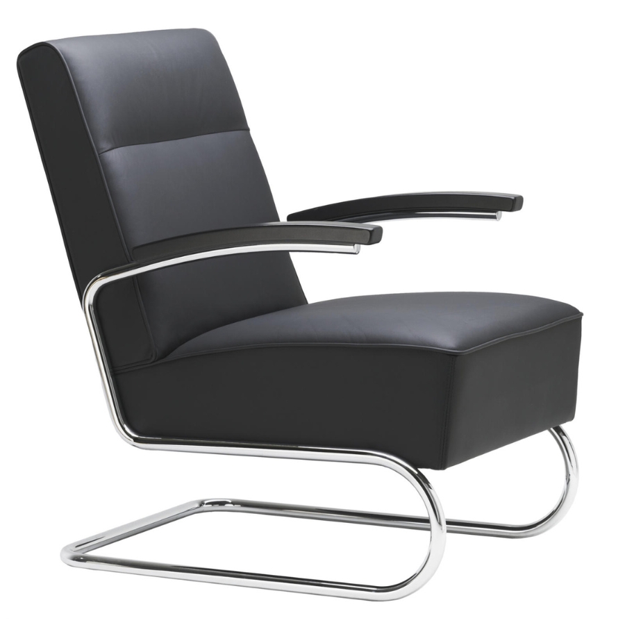 THONET S 412 Freischwinger Sessel mit Armlehnen | hohe Rückenlehne | Leder schwarz