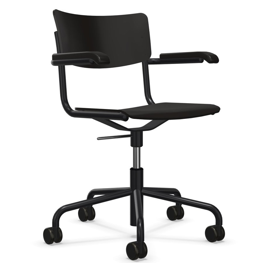 THONET Drehsessel S 43 FDR - Formholzschalen schwarz mit Armlehnen - Gestell/Rollen schwarz matt