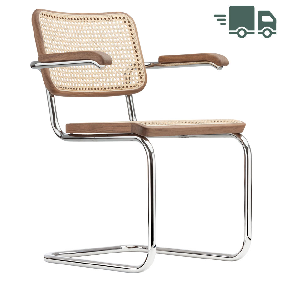 THONET Stahlrohr-Freischwinger S 64 V Nussbaum Pure Materials mit Rohrgeflecht-Sitz u. Armlehnen