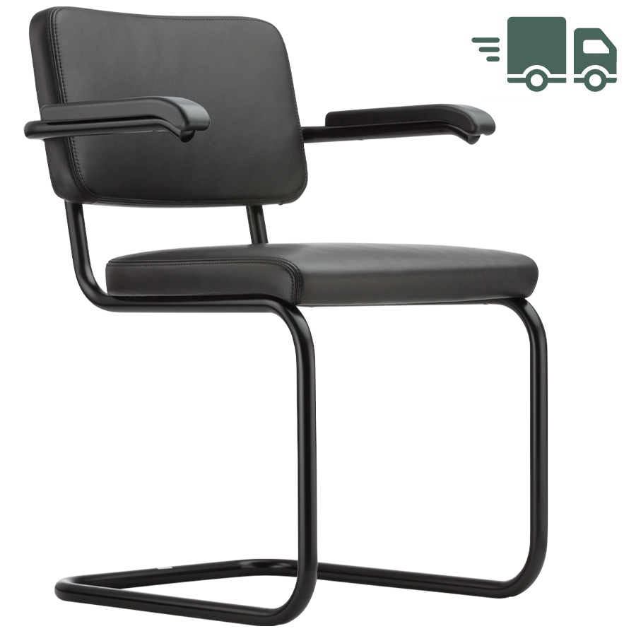 THONET Stahlrohr-Freischwinger S 64 PV Polstersitz Nappa Naturleder schwarz mit Armlehnen