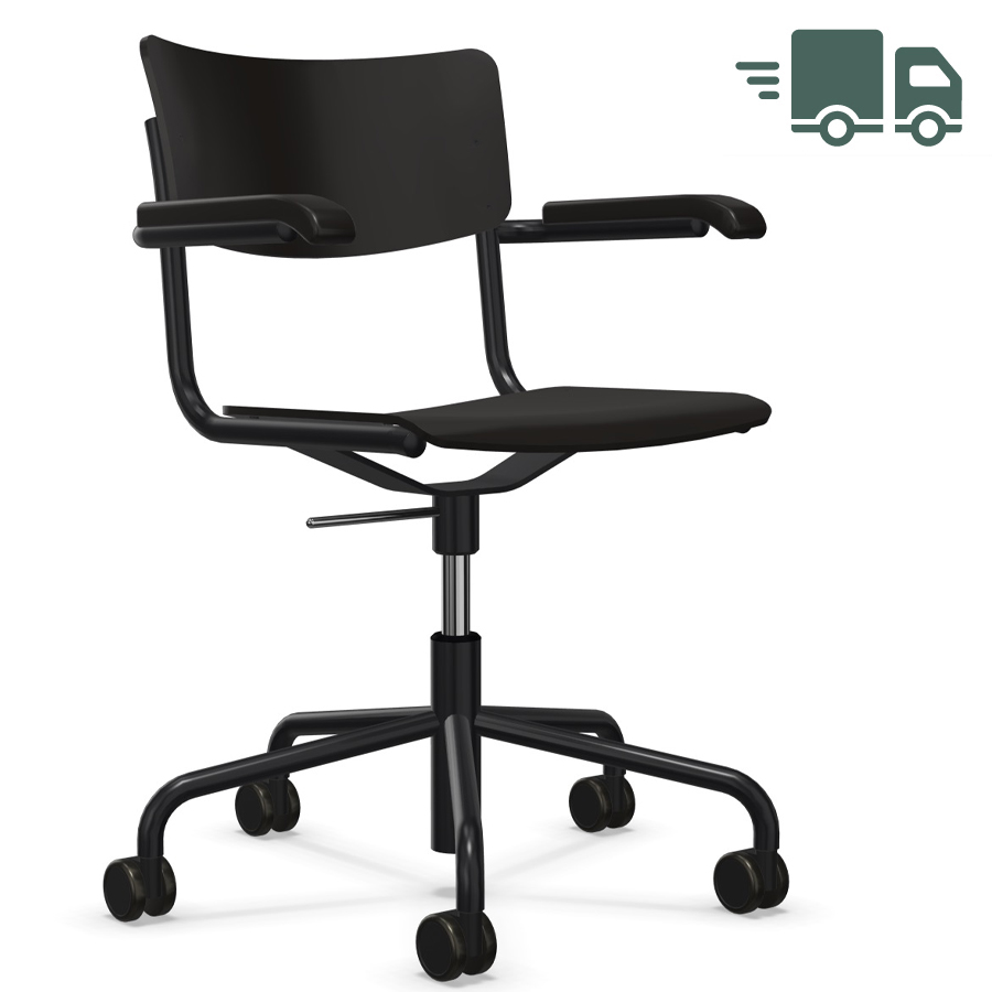 THONET Drehsessel S 43 FDR - Formholzschalen schwarz mit Armlehnen - Gestell/Rollen schwarz matt