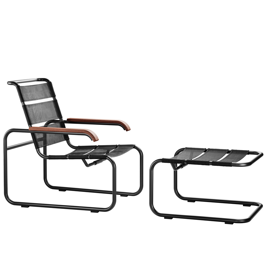 THONET Stahlrohr-Freischwinger S 35 N Outdoor mit Armlehnen und Netzbespannung & optionaler Hocker