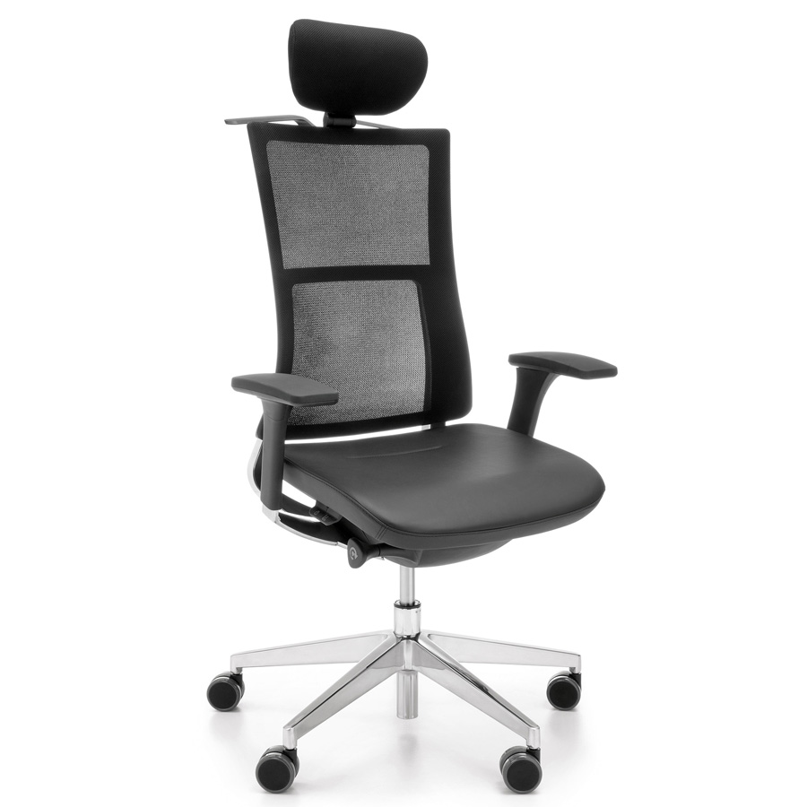 Profim Violle 151 SFL Bürodrehstuhl mit Netzrücken - Leder Sitzpolster + Fußkreuz/Gestell Alu poliert