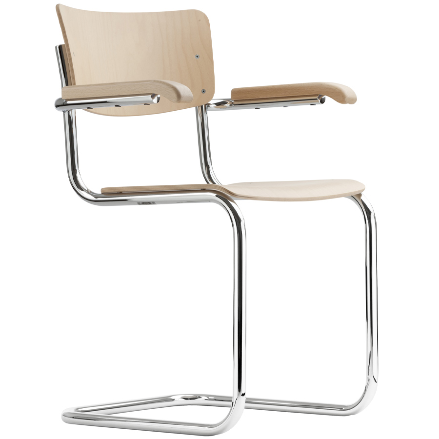 THONET Stahlrohr-Freischwinger S 43 F mit Armlehnen | Buche natur | Gestell Chrom
