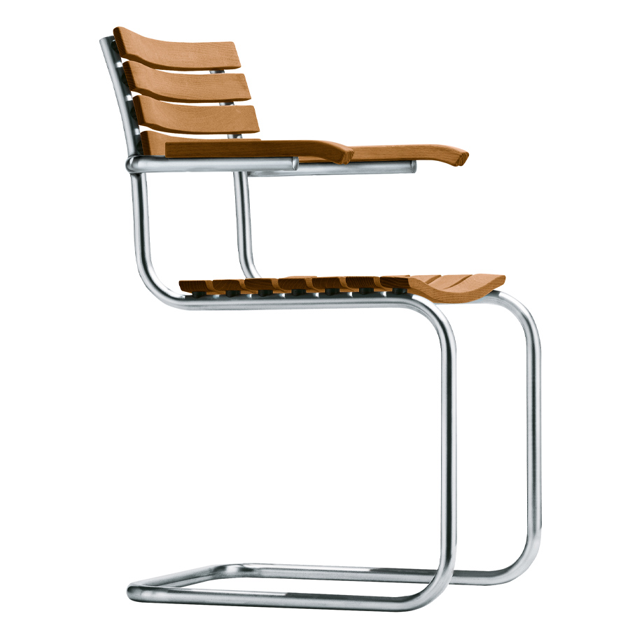THONET S 40 F Gartenstuhl Stahlrohr-Freischwinger mit Armlehnen - Gestell verchromt