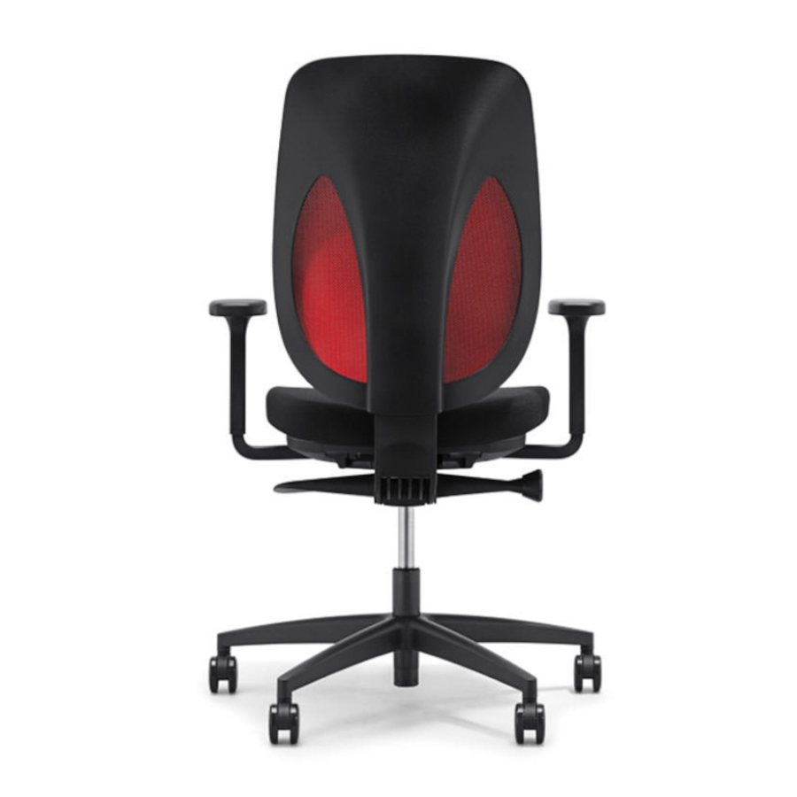 353 Drehstuhl Netzrücken rot mit Armlehnen frontale Rückansicht