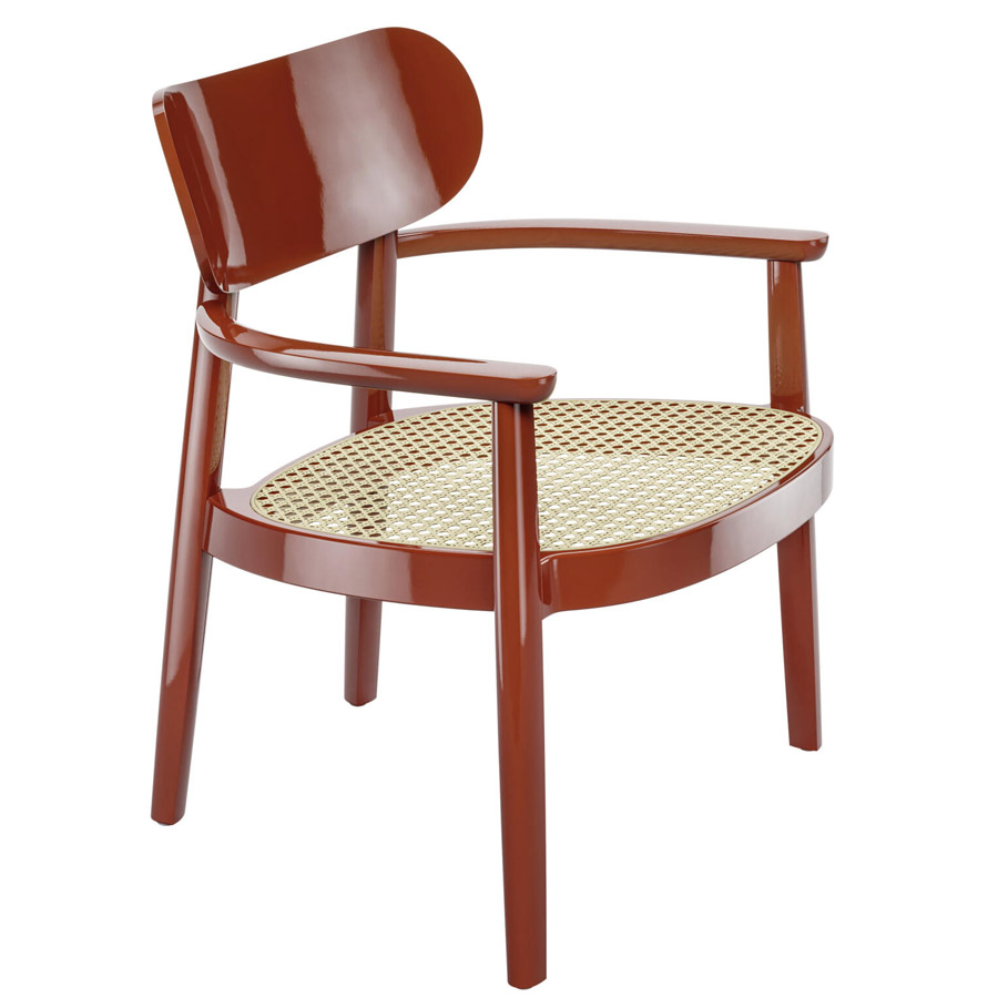 THONET 119 F Holzstuhl mit Armlehnen u. Rohrgeflecht-Sitz hochglanz dunkelrot - Seitenansicht