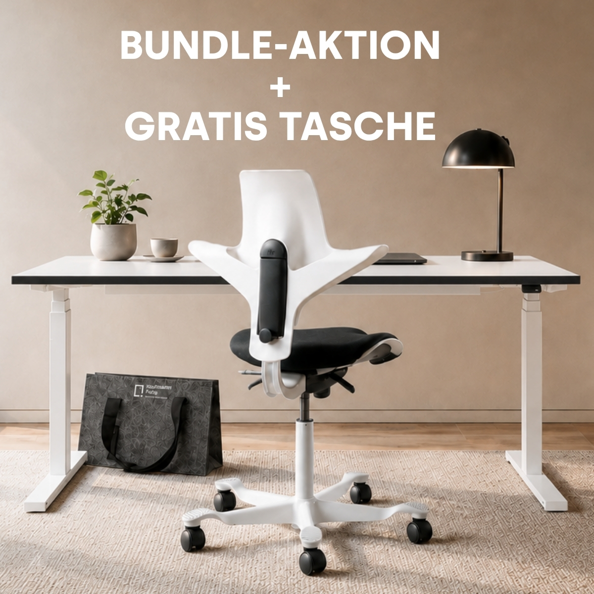 Bundle-Aktion: Schreibtisch NewWORK weiß & HAG CAPISCO PULS 8020 weiß + Tasche