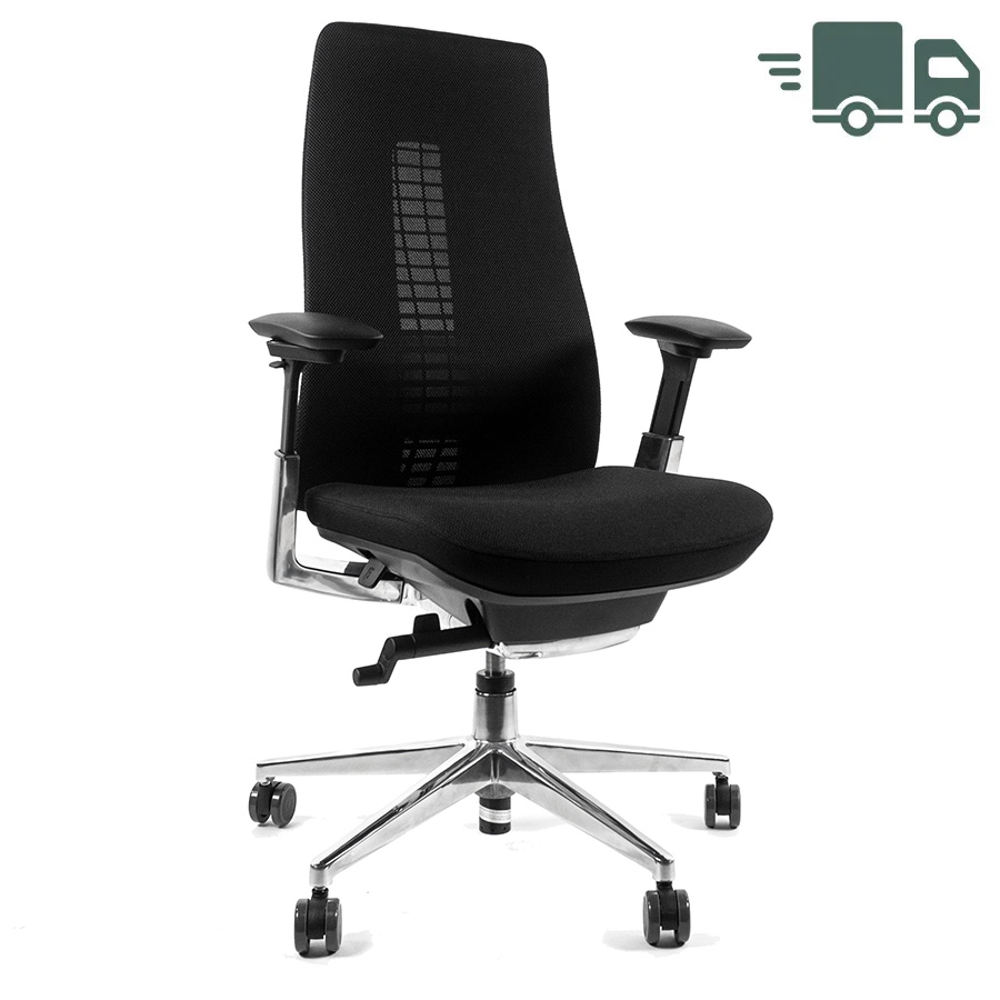 HAWORTH Fern Bürodrehstuhl schwarz mit Netzrücken, Fußkreuz Alu poliert u. 4D Armlehnen