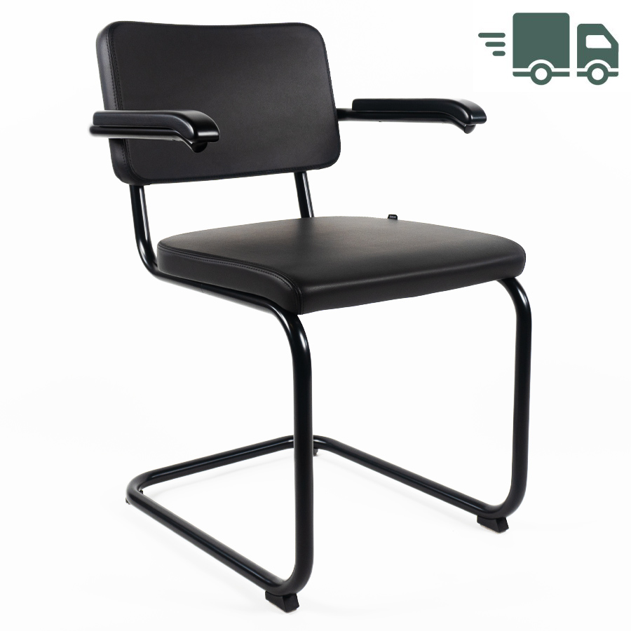 THONET Stahlrohr-Freischwinger S 64 PV Polstersitz Nappa Naturleder schwarz mit Armlehnen