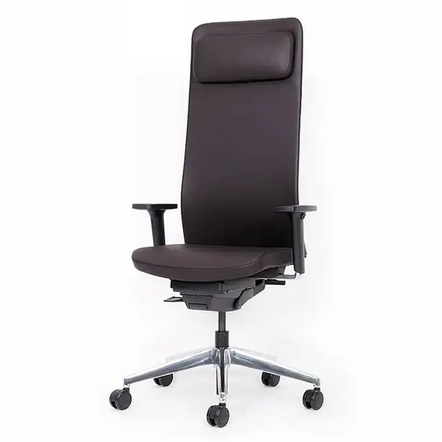 Lento agilis matrix Bürostuhl MT14 hoch mit Kopfstütze - Echtleder braun - Fußkreuz Alu poliert