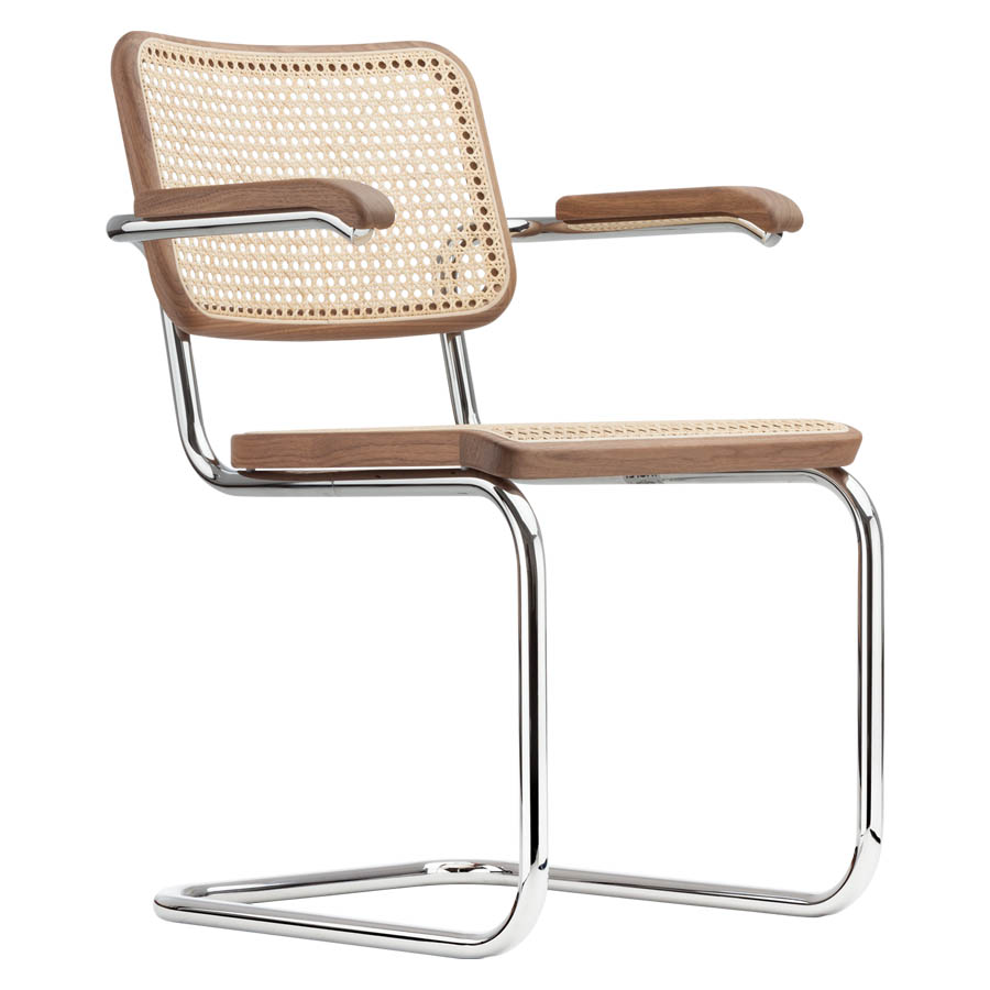 THONET Stahlrohr-Freischwinger S 64 V Nussbaum Pure Materials mit Rohrgeflecht-Sitz u. Armlehnen