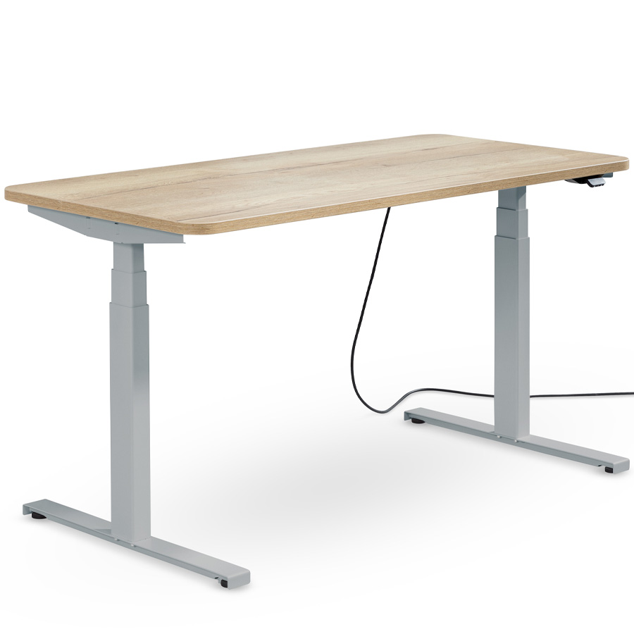 Schreibtisch NewWORK elektrisch höhenverstellbar - Gestell silber - Platte Hallifax Eiche