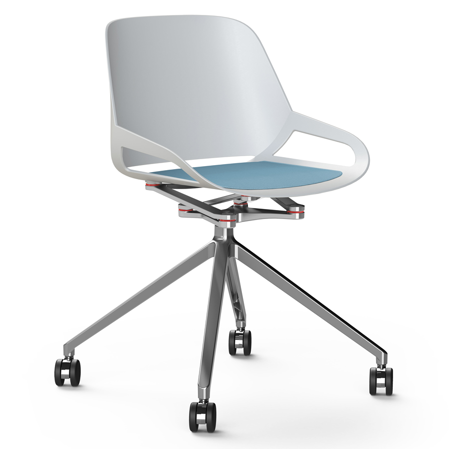 Aeris Numo Fußkreuz Rollen - Sitzschale weiß - Kinematik u. Gestell Alu poliert - Sitzkissen blau