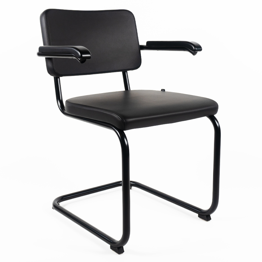 THONET Stahlrohr-Freischwinger S 64 PV Polstersitz Nappa Naturleder schwarz mit Armlehnen