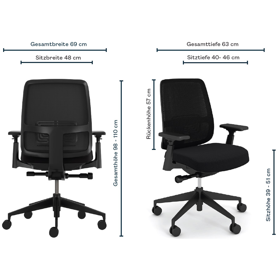 HAWORTH Lively Bürodrehstuhl schwarz mit Netzrücken - Bemaßung