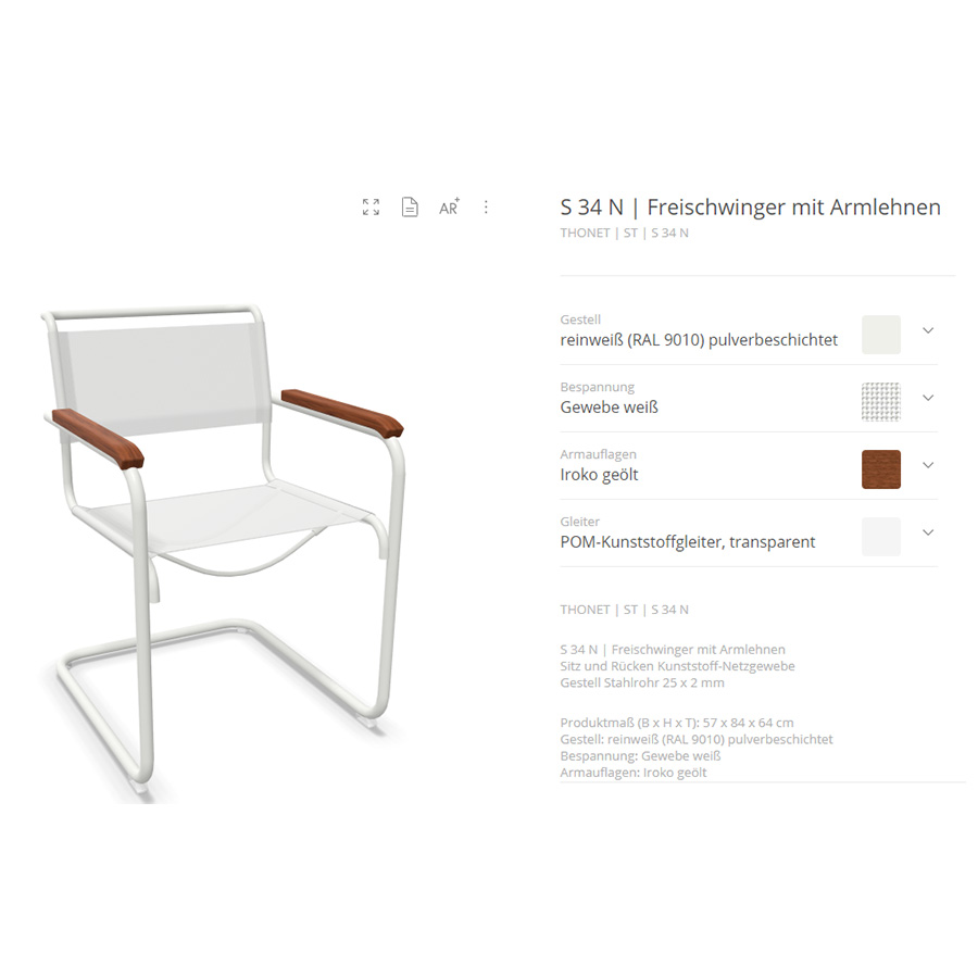 Thonet S 34 N Gartenstuhl weiß mit Armlehnen mit Auflage Irokko geölt