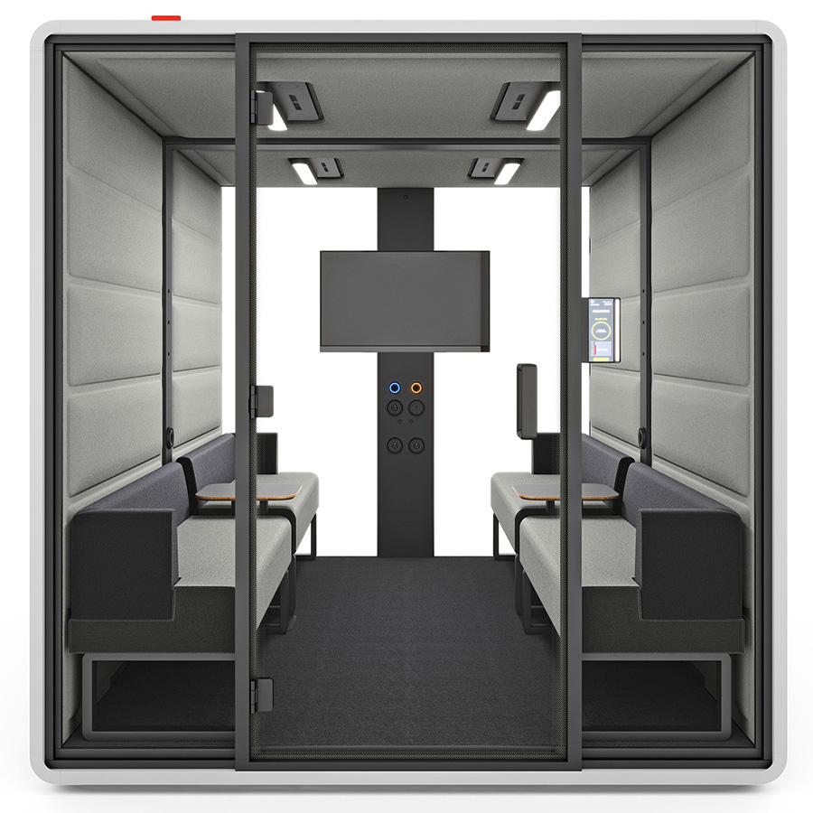 Hushfree.L Korpus White, Innenwand Hellgrau, mit vier Sofas und Couchtischen