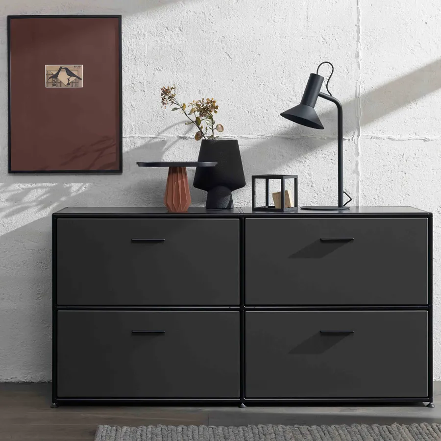 Bosse Solutions Sideboard | 2 Auszüge unten | 2 Klappen oben | Melamin anthrazit | Black Edition