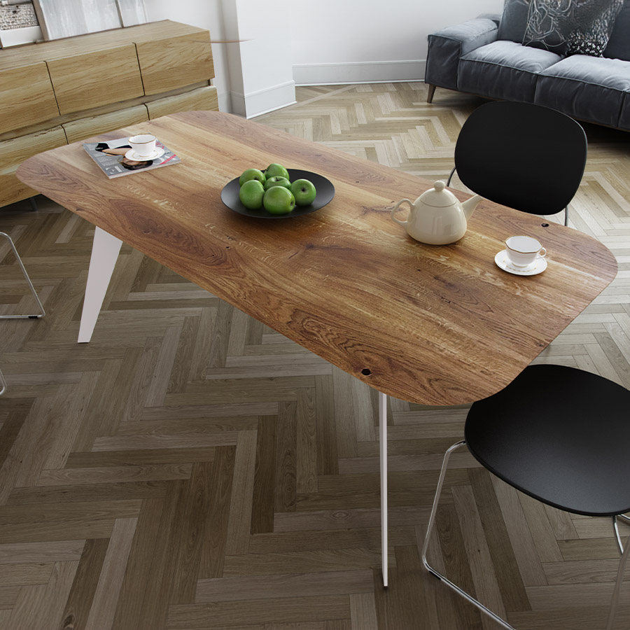 Trebord Enke Tisch, Tischplatte Eiche, Gestell RAL 9010 weiß