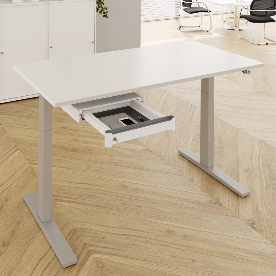 RWH Action Schreibtisch elektrisch verstellbar - weiß-silber - optionale Schublade