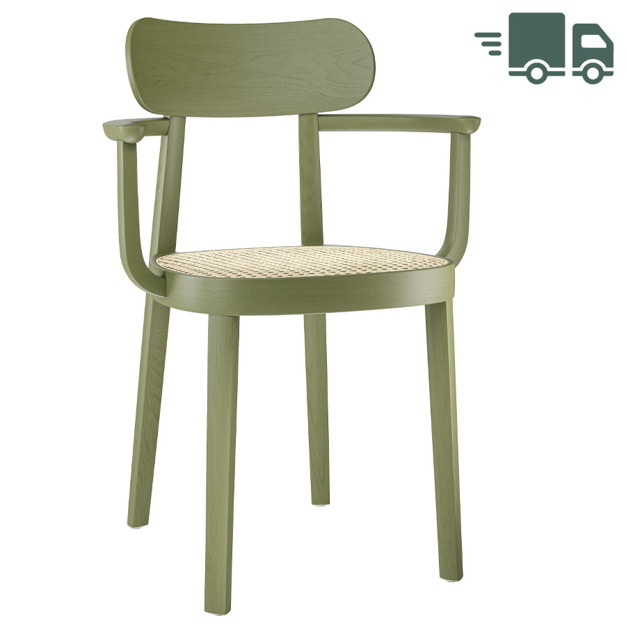 THONET 118 F Holzstuhl mit Armlehnen u. Rohrgeflecht-Sitz Buche gebeizt olivgrün