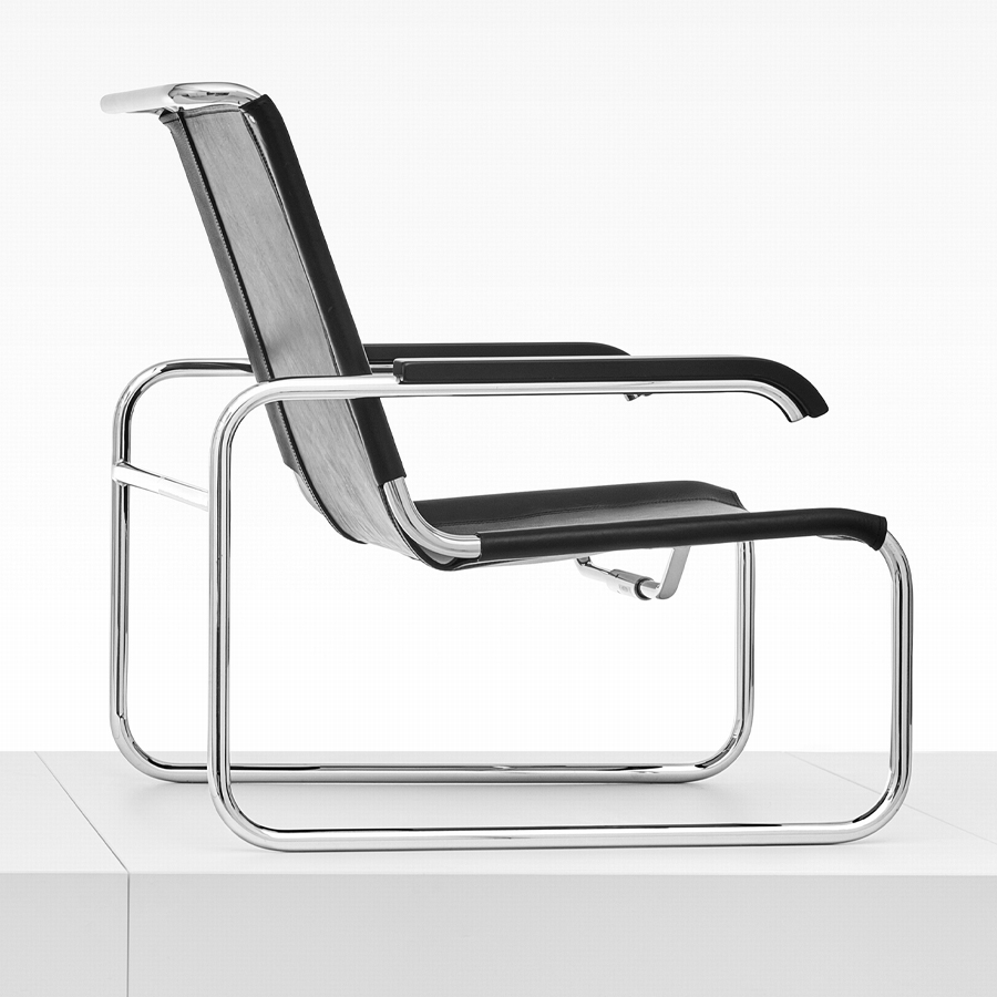THONET Stahlrohr Loungesessel S 35 mit Armlehnen Leder schwarz - Gestell verchromt - Rückansicht