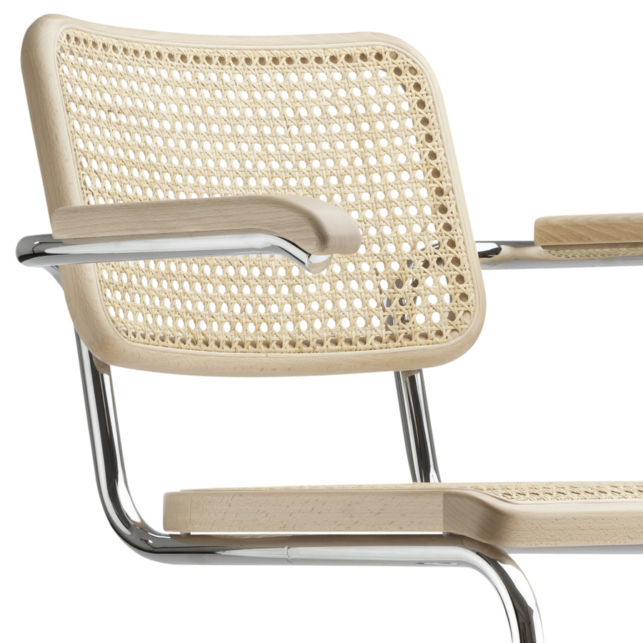 THONET Stahlrohr-Freischwinger S 64 V Buche natur mit Rohrgeflecht-Sitz u. Armlehnen - Nahaufnahme