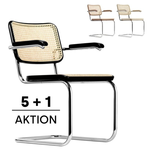 THONET S 64 V | Buche gebeizt schwarz | Stahlrohr-Freischwinger mit Armlehnen | Gestell verchromt