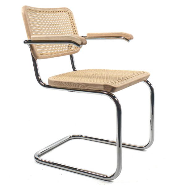 THONET Stahlrohr-Freischwinger S 64 V Esche Pure Materials mit Rohrgeflecht-Sitz u. Armlehnen