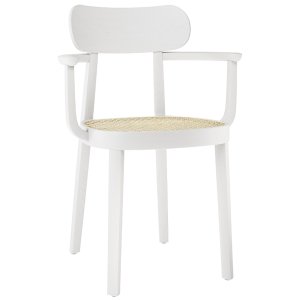 THONET 118 F Holzstuhl mit Armlehnen u. Rohrgeflecht-Sitz - Buche gebeizt weiß lasiert THONET 118 F Holzstuhl mit Armlehnen u. Rohrgeflecht-Sitz - Buche gebeizt weiß lasiert