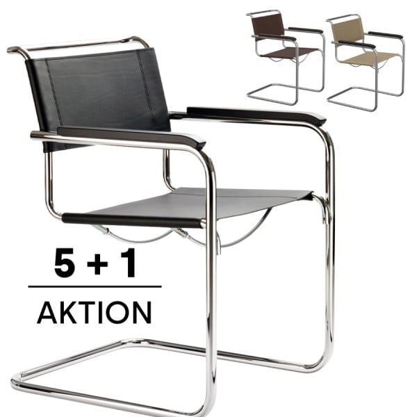 THONET Stahlrohr-Freischwinger S 34 mit Armlehnen Sitz u. Rücken Kernleder