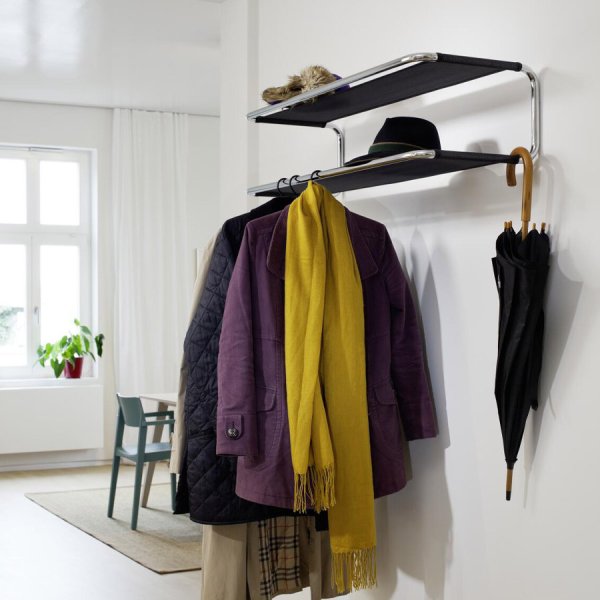 THONET Stahlrohr Garderobe Schuhablage S 1521 | Netzgewebe schwarz | Gestell verchromt THONET Stahlrohr Garderobe - Hutablage u. Schuhablage - Beispielbild
